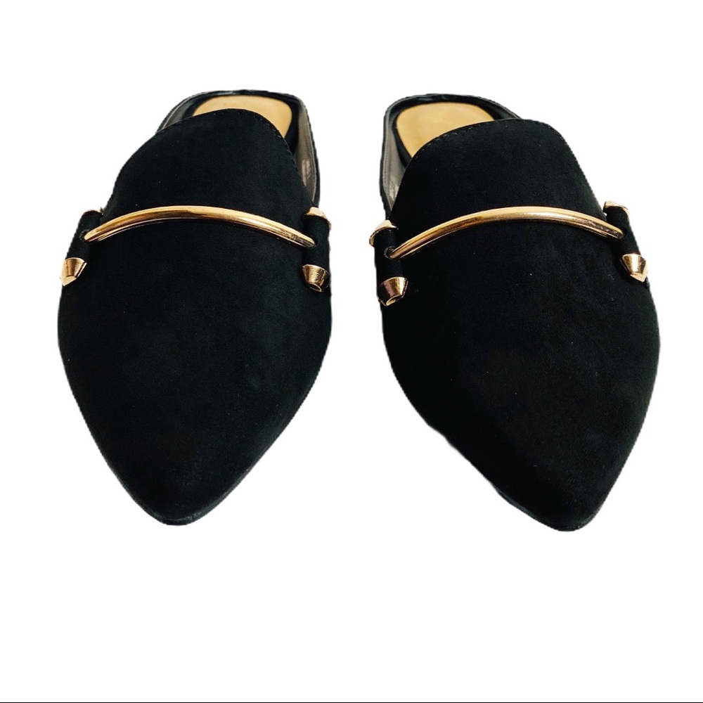 Bamboo Black Suede Pointed Toe Rose Gold Bit Mules - Picture 5 of 6